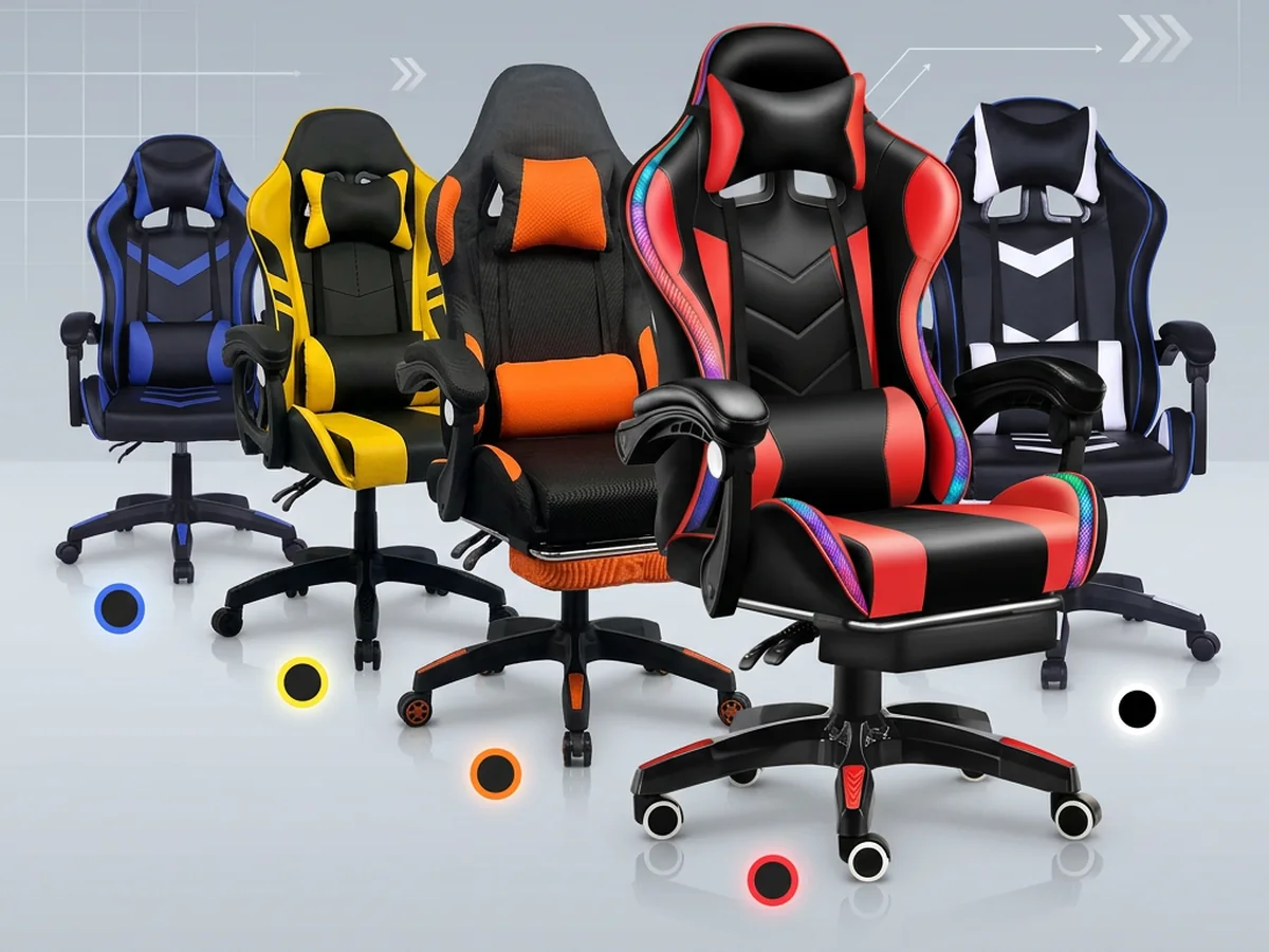 Cinco estilos de sillas gaming en azul, amarillo, naranja, rojo y negro con detalles blancos